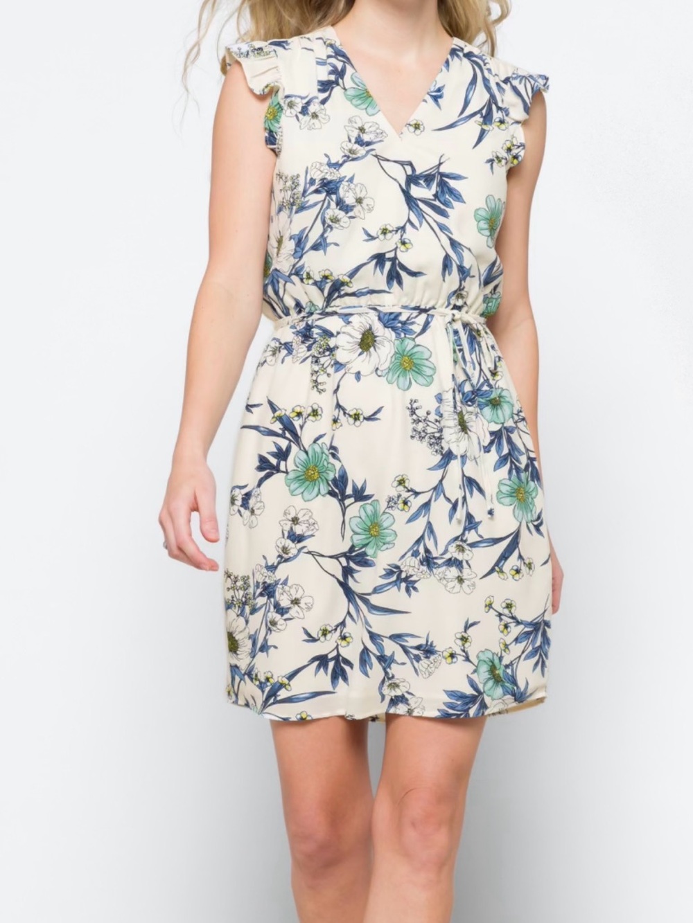 41 Hawthorn Cream Floral V‑Neck Flutter Sleeve Dress, XL